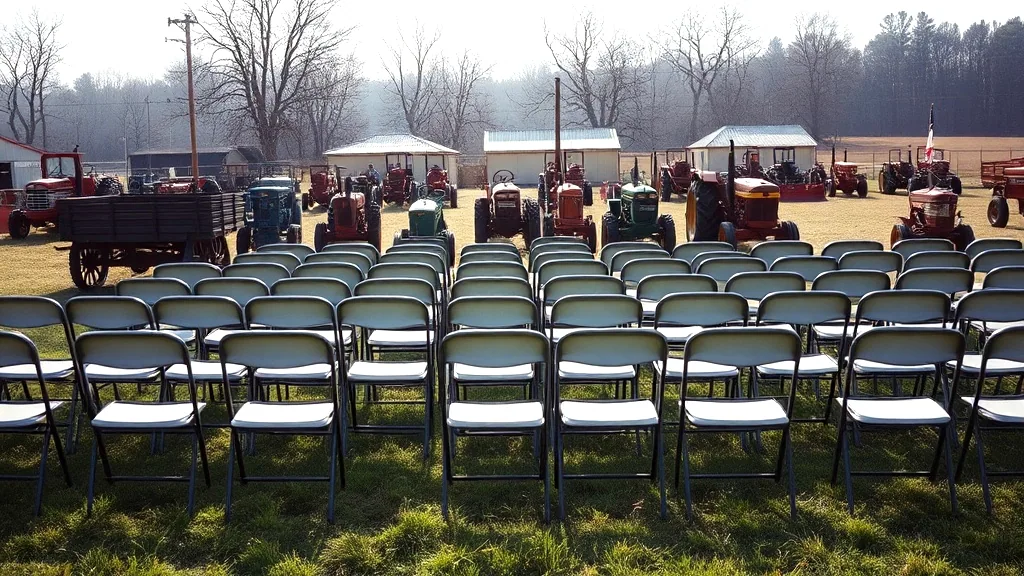 Rows of empty folding chairs set out on grass in front of a hay wagon, with a line of old tractors and implements along the fence behind