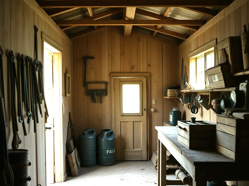 The inside of a cluttered farm shed, hand tools hung along the board wall, crates and cans on a bench, daylight through the open door
