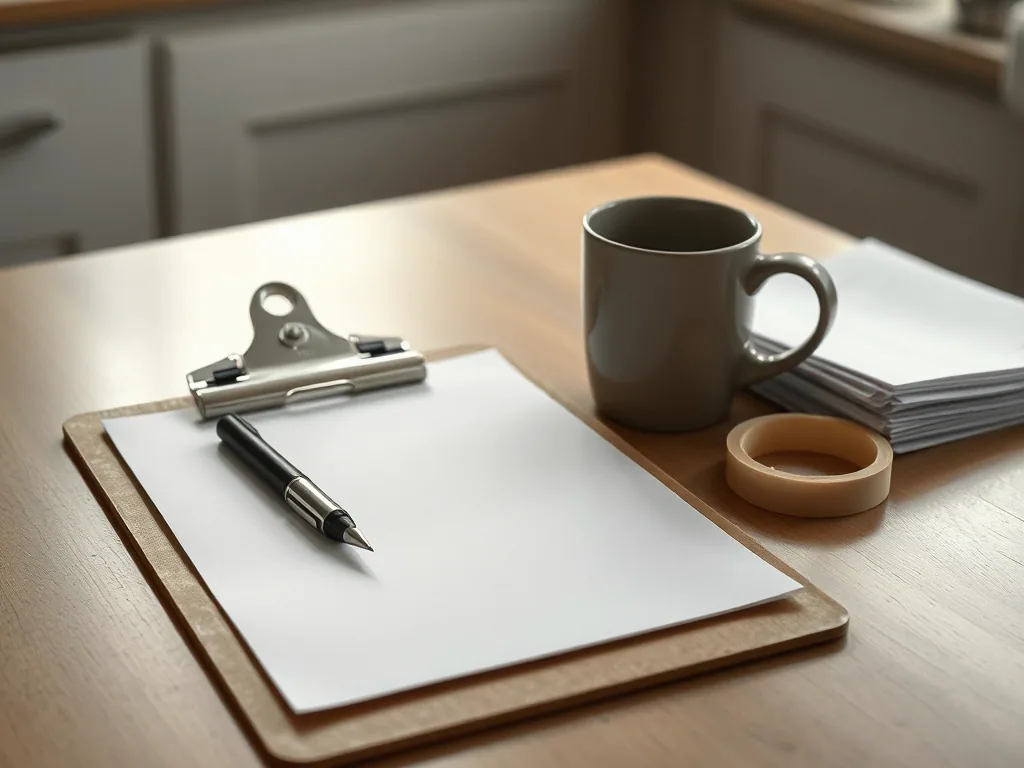 A clipboard with a blank pad and a pen, a coffee cup, a roll of tape and a stack of loose paper on a kitchen table in morning light